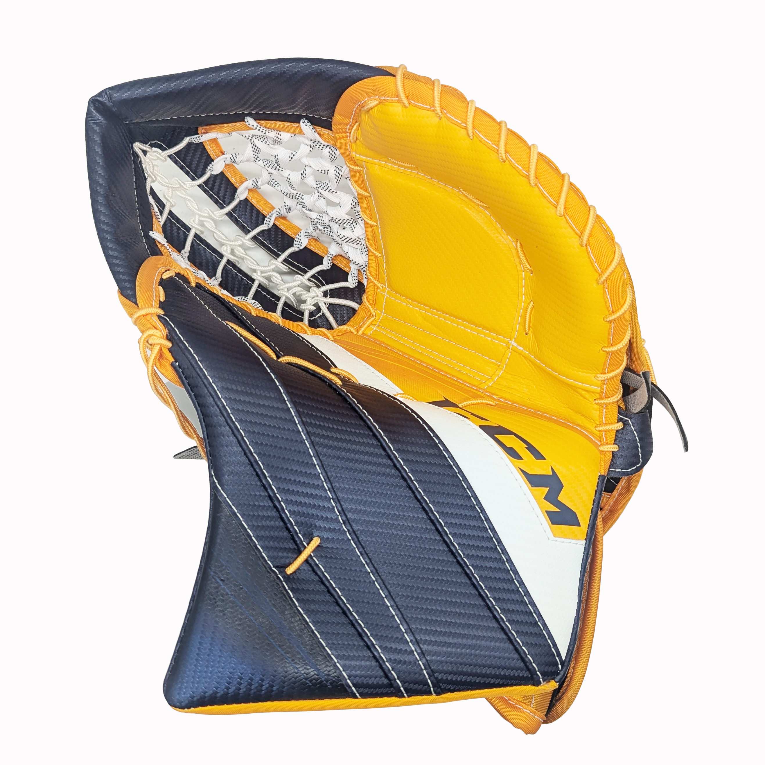 CCM Extreme Flex 5 - Nouveau gant de gardien de but Pro Stock (bleu marine/jaune/blanc)